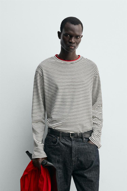 ZARA ФУТБОЛКА В КОНТРАСТНУЮ ПОЛОСКУ, ЖЕЛТОВАТО-БЕЛЫЙ