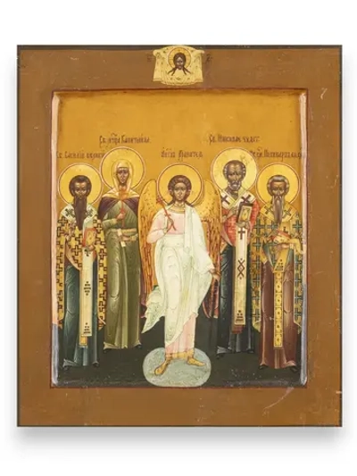 Святые: Василий Великий, Капитолина, Николай Чудотворец, Поликарп и Ангел Хранитель. Деревянная икона на левкасе