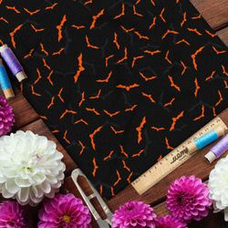 Ткань бифлекс тонкие оранжевые летучие мыши на чёрном фоне