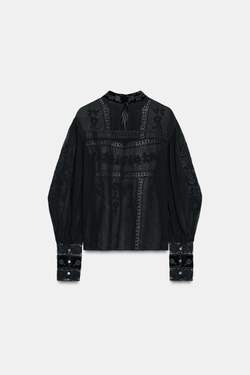 ZARA БЛУЗА С КРУЖЕВОМ ИЗ БАРХАТА — ZW COLLECTION, ЧЕРНЫЙ