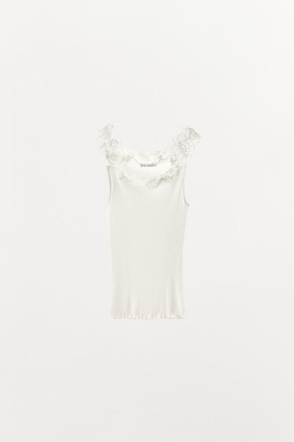 ZARA ТОП В РУБЧИК С КРУЖЕВОМ, ЭКРЮ