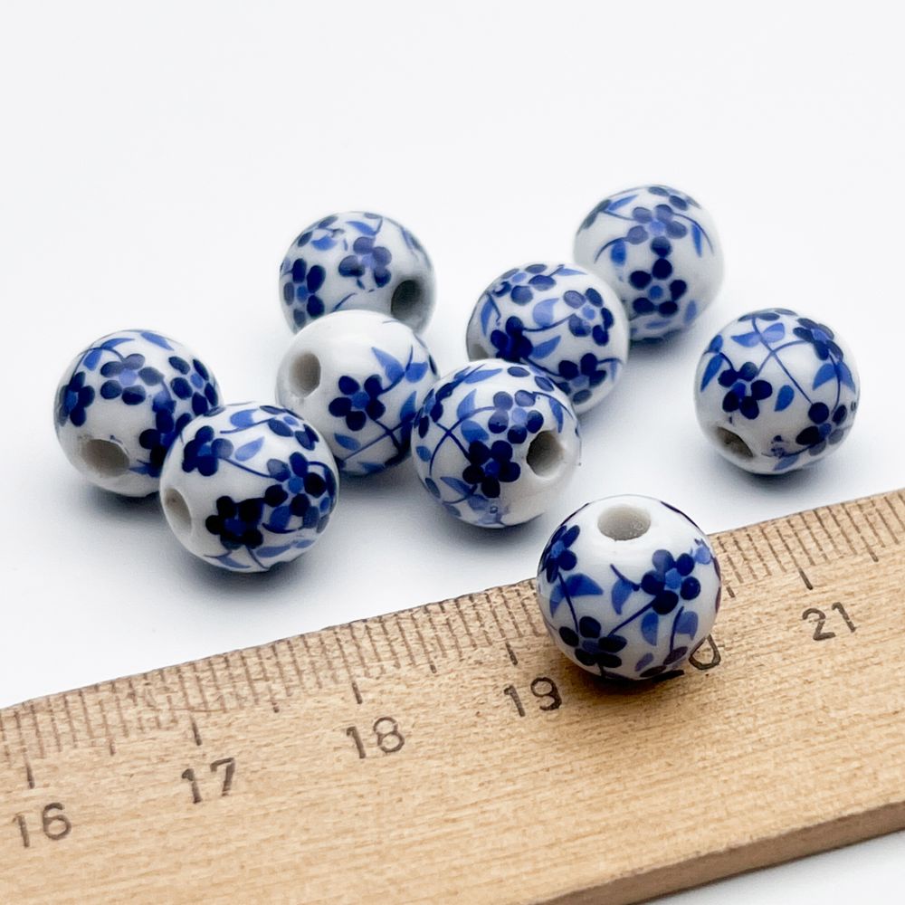 Бусины Шар с цветами, керамика, цвет синий, размер около 12 мм, цена за 1 шт