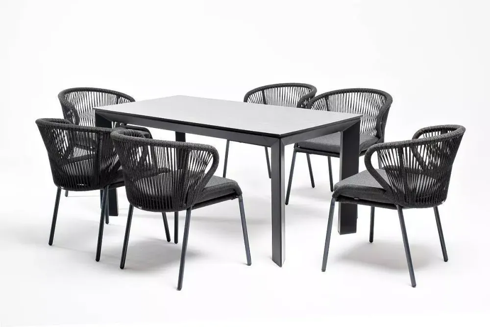 "Венето" обеденная группа на 6 персон со стульями "Милан", каркас темно-серый, роуп темно-серый