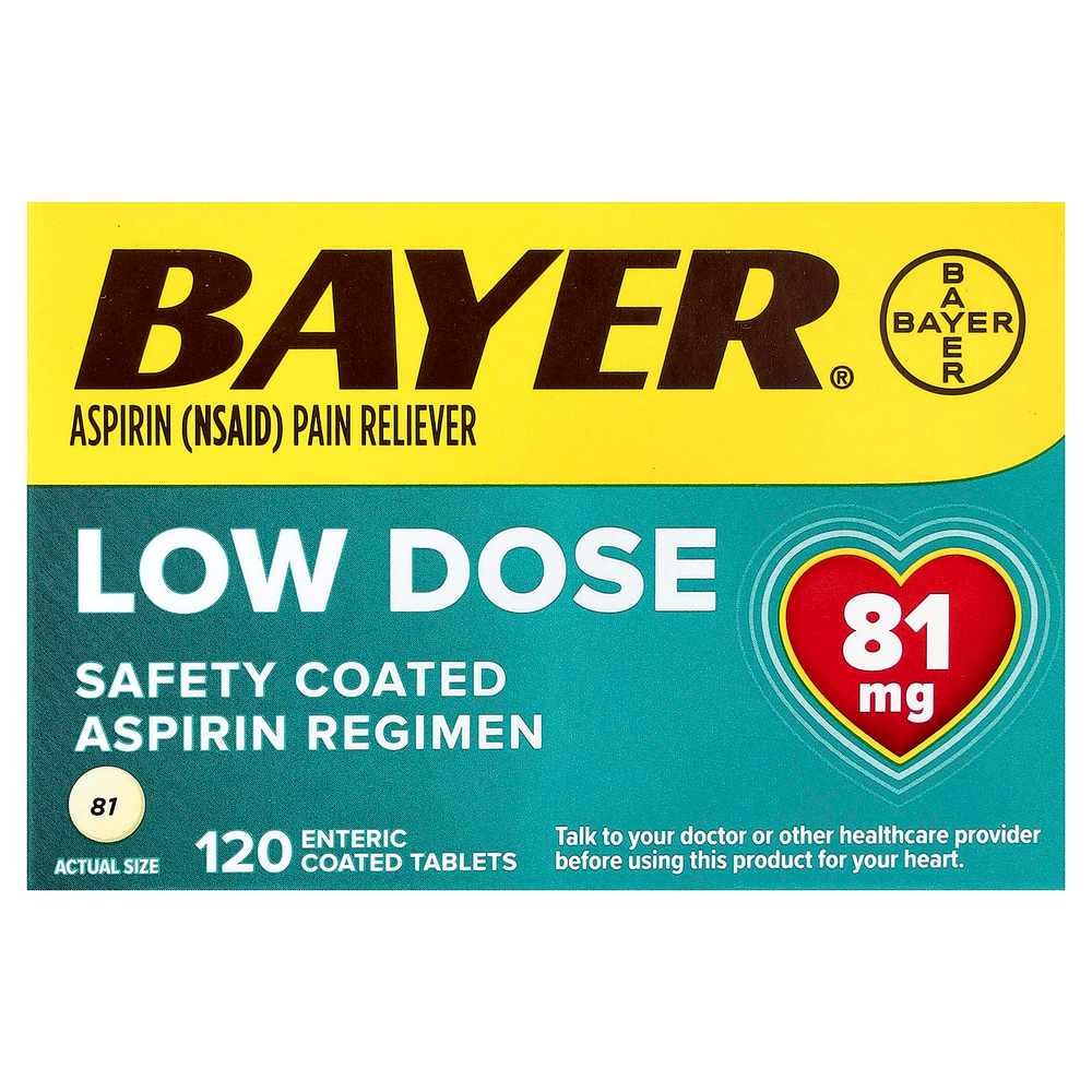 Bayer, Схема приема аспирина с безопасным покрытием, низкая доза, 81 мг, 120 таблеток, покрытых кишечнорастворимой оболочкой