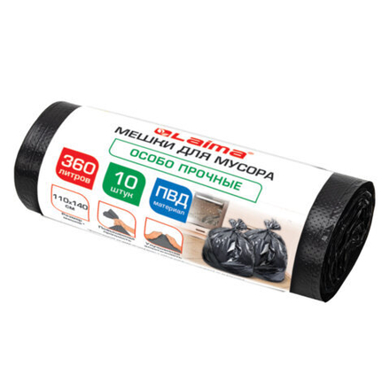 Мешки для мусора 360л черные в пласте 10 штук особо прочные, ПВД 60 мкм, 110x140см, LAIMA, 702687
