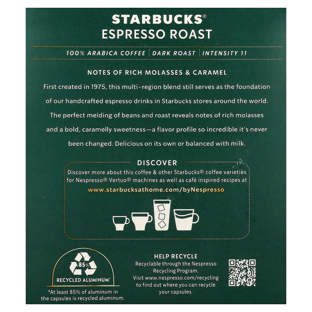 Starbucks, Nespresso®, эспрессо, обжаренный, молотый, темная обжарка, 10 алюминиевых капсул