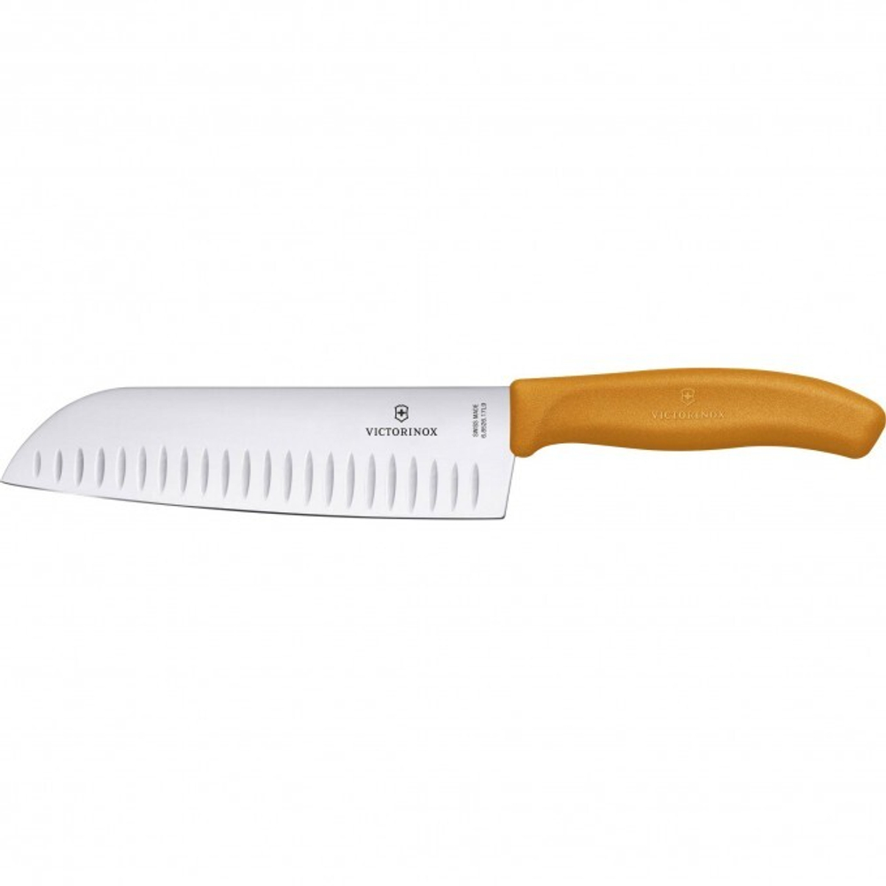 Нож Victorinox сантоку, лезвие 17 см рифленое, оранжевый, в картонном блистере