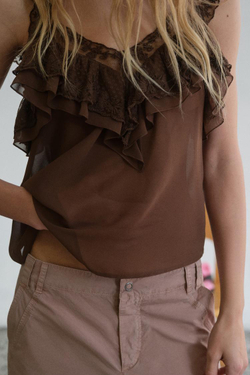 ZARA ТОП С ВЫШИВКОЙ И ВОЛАНАМИ, КОРИЧНЕВЫЙ