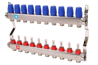 Коллекторная группа в сборе из нерж. стали с расходомерами 1" х 9 вых. Eвроконус 3/4 MVI