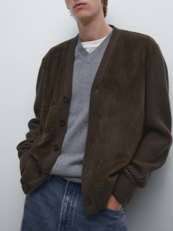 Massimo Dutti Вязаный кардиган из смеси шерсти и кожи, коричневый