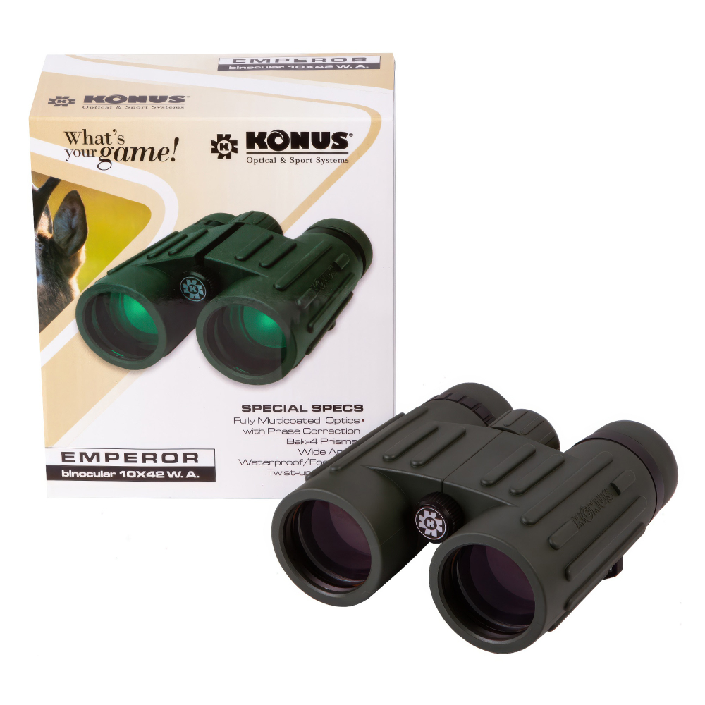 Бинокль Konus Emperor 10x42 WA Green — упаковка и бинокль
