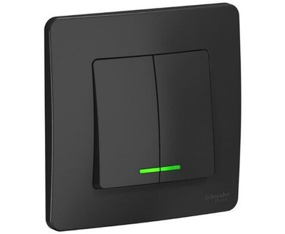 Выключатель двухклавишный внутренний BLANCA 10А с подсветкой Антрацит в сборе встраиваемый двойной СП Schneider Electric BLNVS010516, 1шт.