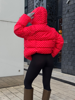 Пуховик Рокет миди красный в горох