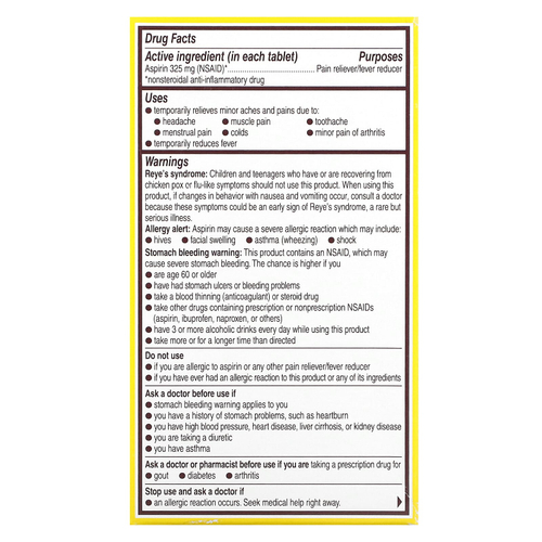 Bayer, Натуральный аспирин, 325 мг, 100 таблеток, покрытых оболочкой