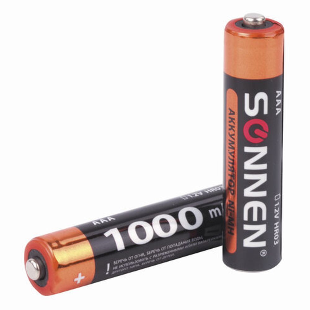 Батарейки аккумуляторные SONNEN, ААА (HR03), Ni-Mh, 1000 mAh, 2 шт., в блистере, 454237