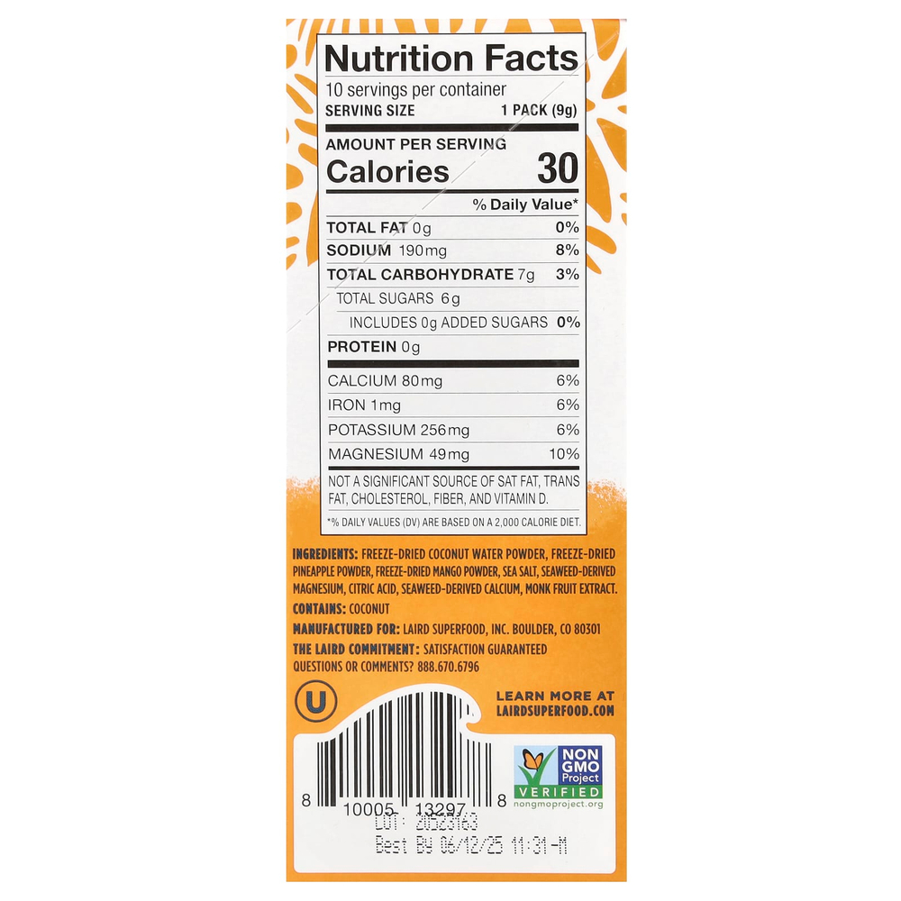 Laird Superfood, Hydrate Coconut Water, смесь для приготовления электролитного напитка, манго и ананас, 10 порционных пакетиков по 9 г (0,3 унции)