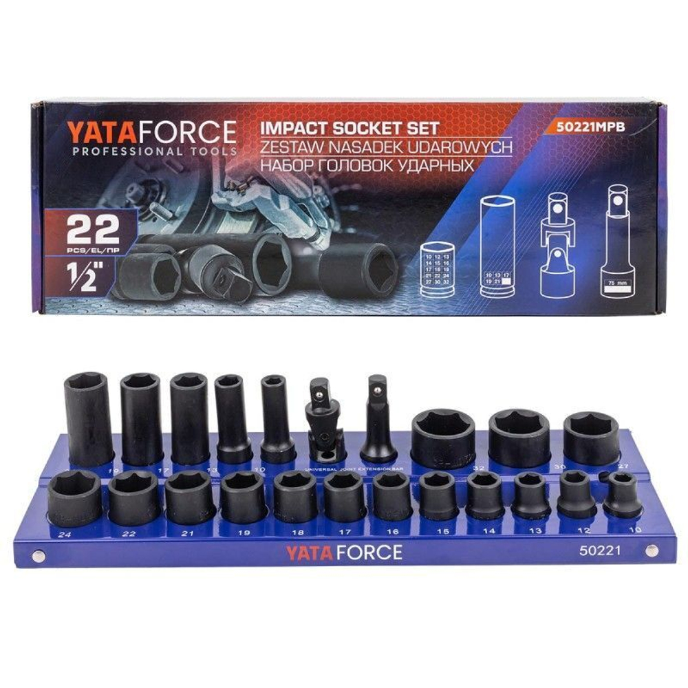 Головки ударные 1/2'', набор 22 пр. (6-гр.) YATAFORCE YF-50221MPB