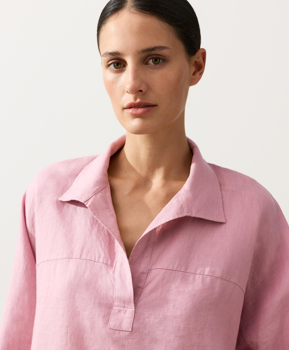 Oysho Рубашка-поло оверсайз с длинными рукавами из 100%-го льна, светло-розовый