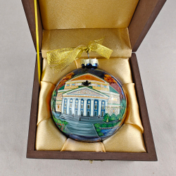 Коллекционный елочный шар с росписью Палех "Москва на синем" в футляре