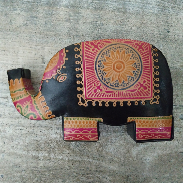 Копилка под мелочь "Слон", цвет черный, розовая попона, натуральная кожа, ручной принт
