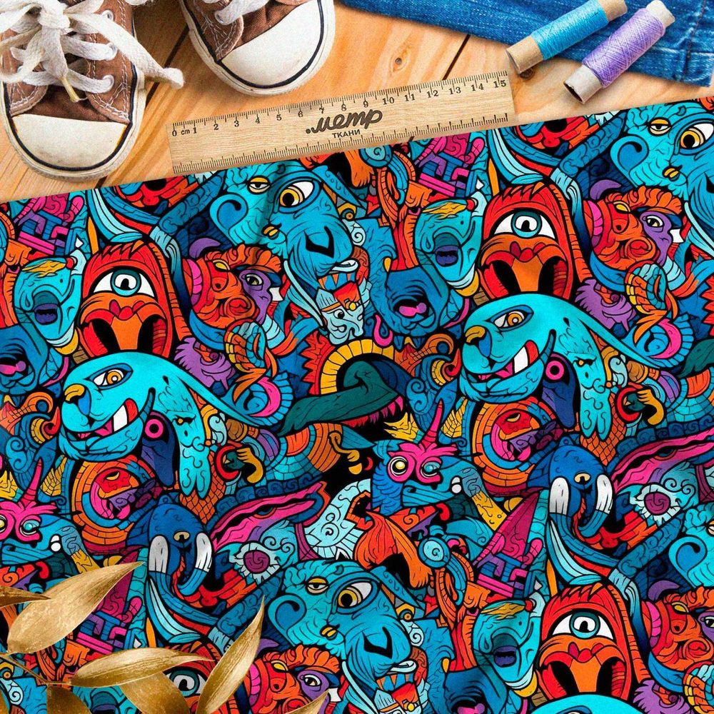 Ткань премиум таффета толпа мультяшных монстров