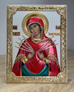 Семистрельная БМ, икона прямоугольная без рамки, белое дерево, эмаль 175х225