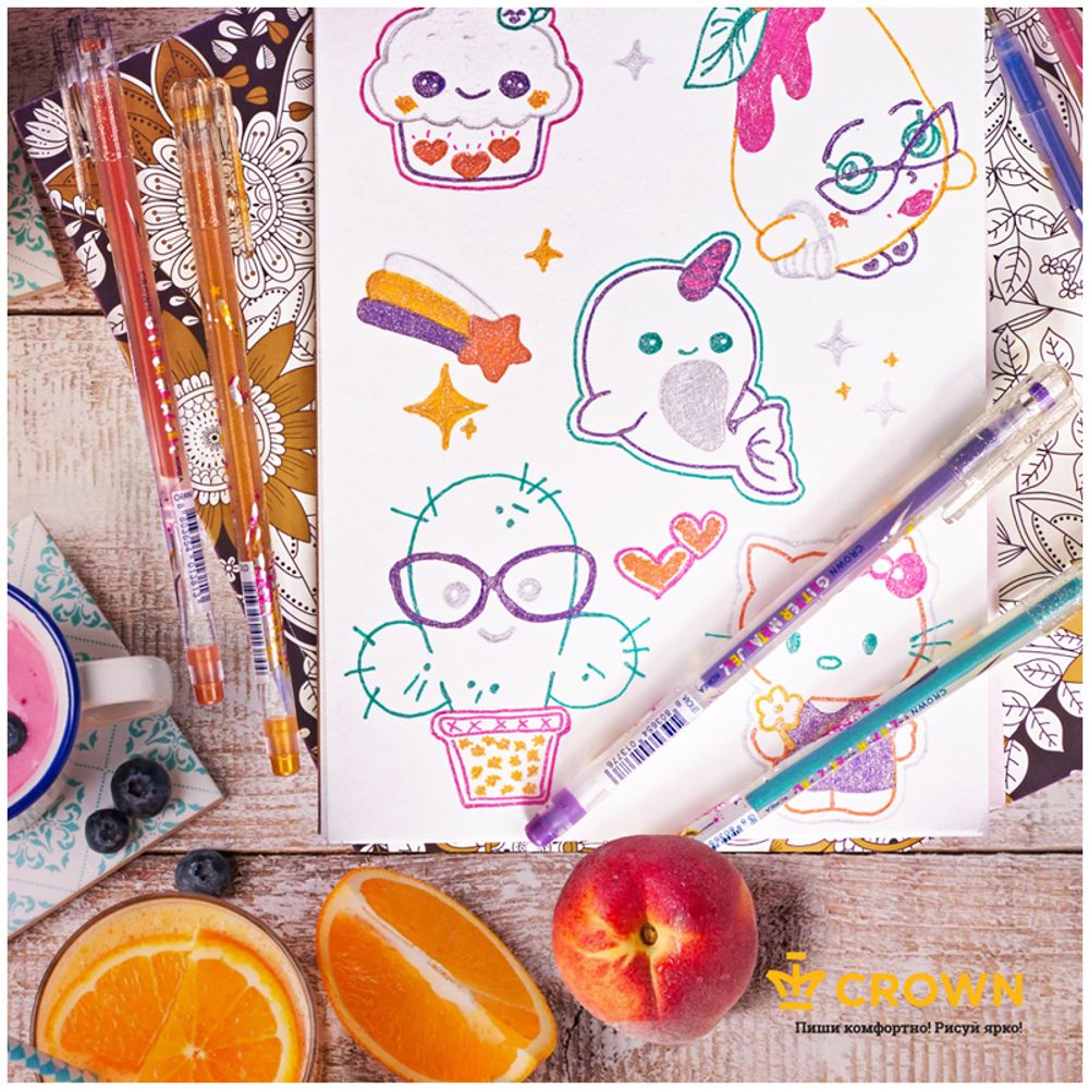 Набор гелевых ручек Crown "Glitter Metal Jell" 6шт., 06цв., 1,0мм, с блестками, ПВХ уп., европодвес