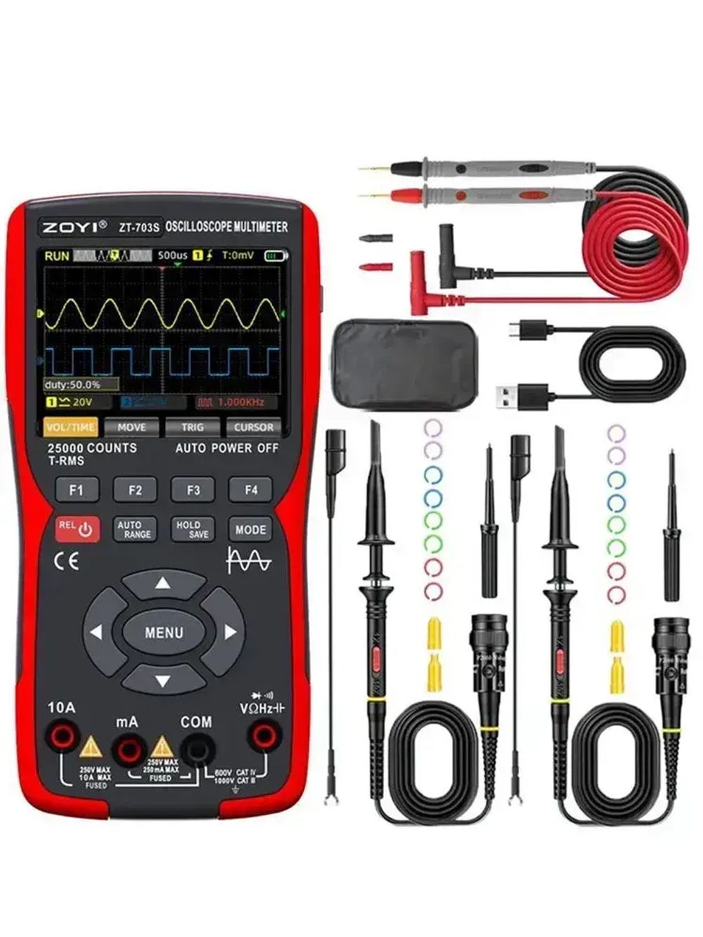 Цифровой мультиметр ZOYI ZT-703S двухканальный 50 МГц*2 /250 МС/с переменного/постоянного напряжения тока Ом частоты диодов сопротивления емкости