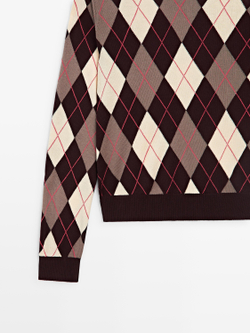 Massimo Dutti Свитер из хлопкового трикотажа с узором «ромбы», бордо
