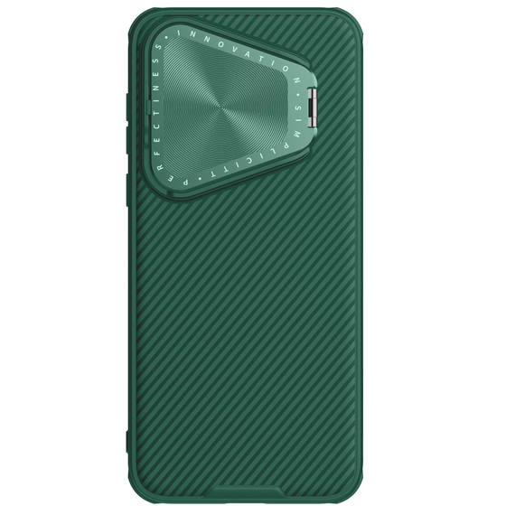Чехол зеленого цвета (Deep Green) от Nillkin с металлической откидной крышкой для камеры на Huawei Pura 70, серия CamShield Prop Case