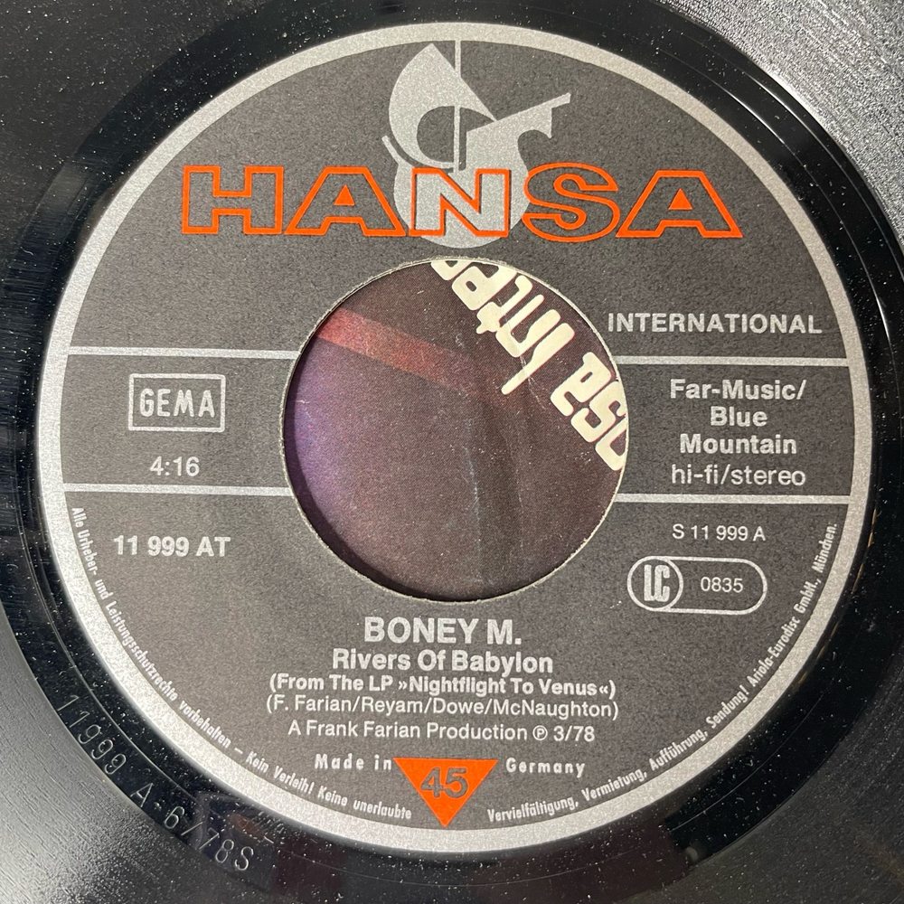 Винтажная виниловая пластинка 7 дюймов (маленькая пластинка) Boney M. Rivers Of Babylon / Brown Girl In The Ring (Германия 1978)