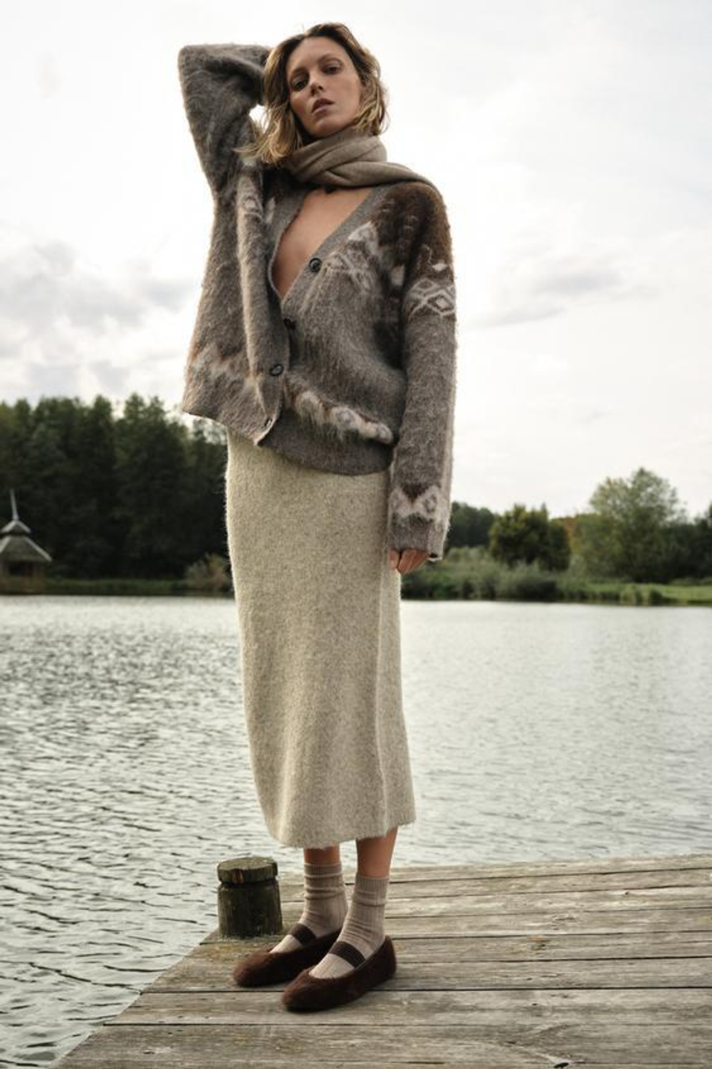 ZARA ЮБКА МИДИ ИЗ ВЯЗАНОГО МАТЕРИАЛА С ЭФФЕКТОМ ВОРСА, ПЕСОЧНЫЙ