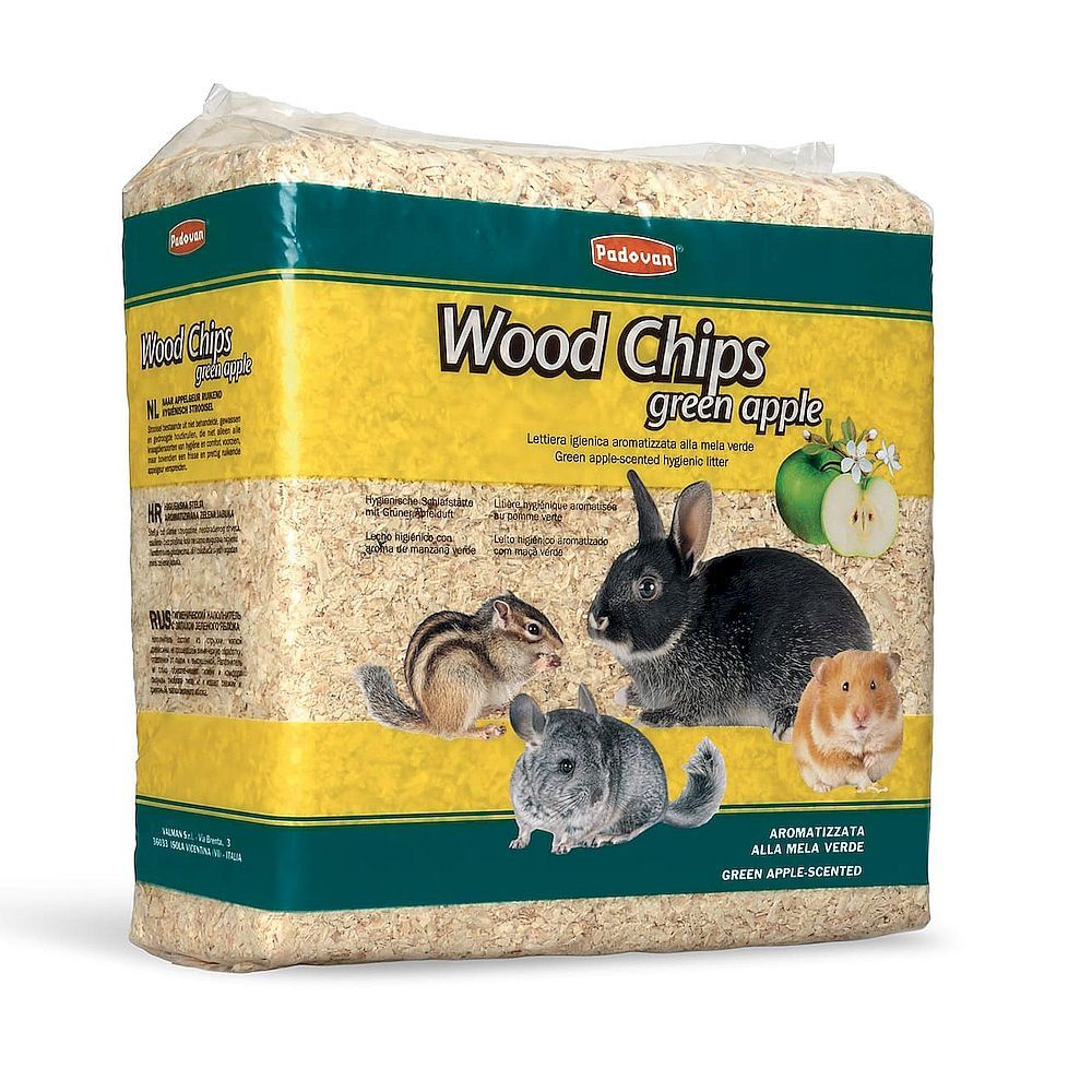 Наполнитель древесный Padovan WOOD CHIPS green apple с ароматом яблока для грызунов 14л