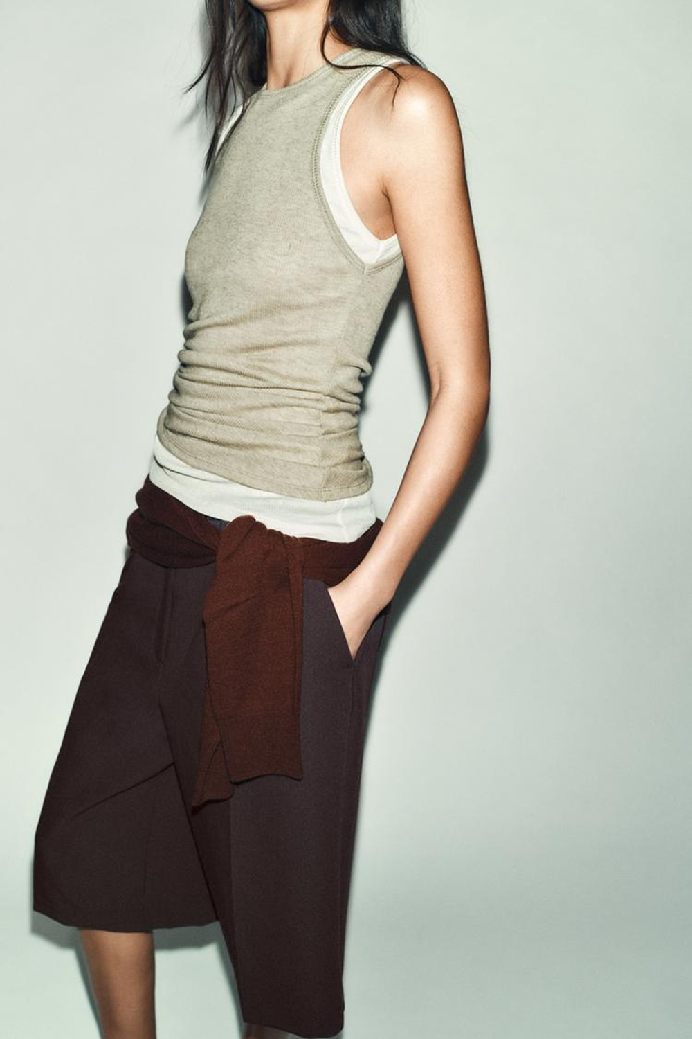 ZARA ТОП В СТИЛЕ РУСТИК С ДВОЙНЫМ ЭФФЕКТОМ, БЕЛЫЙ/ЗЕЛЕНЫЙ