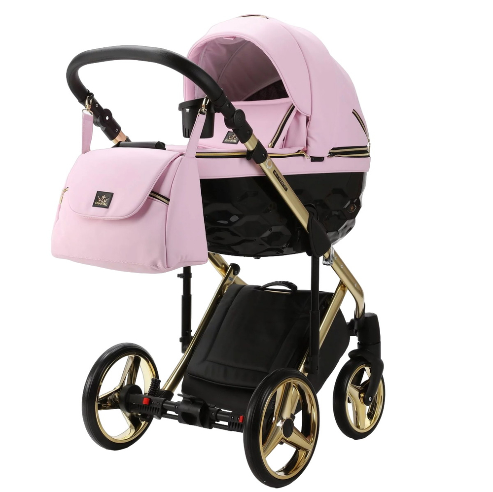 Детская коляска Adamex Chantal Special Edition Deluxe 3 в 1 C132-B (РОЗОВ.ЗЕФИР.КОЖА/ ЧЕРН.РИФЛЕН. ДНО + ЗОЛОТ РАМА)