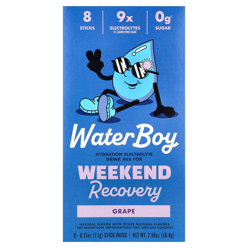 Waterboy, Weekend Recovery, смесь для приготовления напитков с электролитами для гидратации, виноград, 8 пакетиков-стиков по 7,1 г (0,25 унции)