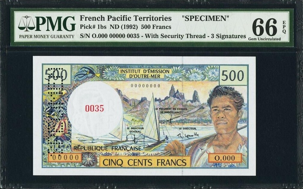 ФРАНЦУЗСКИЕ ТИХООКЕАНСКИЕ ТЕРРИТОРИИ, ND (1992), 500 ФРАНКОВ [SPECIMEN] [СЛАБ PMG 66 EPQ]