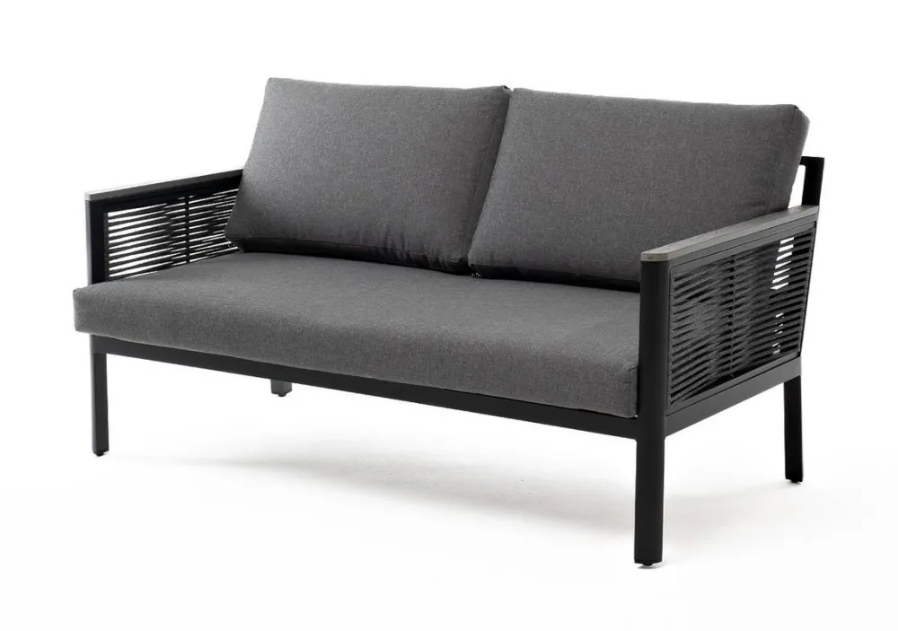 "Сан Ремо" диван 2-местный плетеный из роупа, каркас алюминий темно-серый, роуп серый, ткань серая