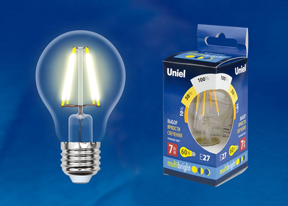 LED-A60-7W/WW/E27/CL/MB GLM10TR Лампа светодиодная. Форма «А», прозрачная. Серия Multibright. Теплый белый свет (3000K). 100-50-10. Картон. ТМ Uniel.