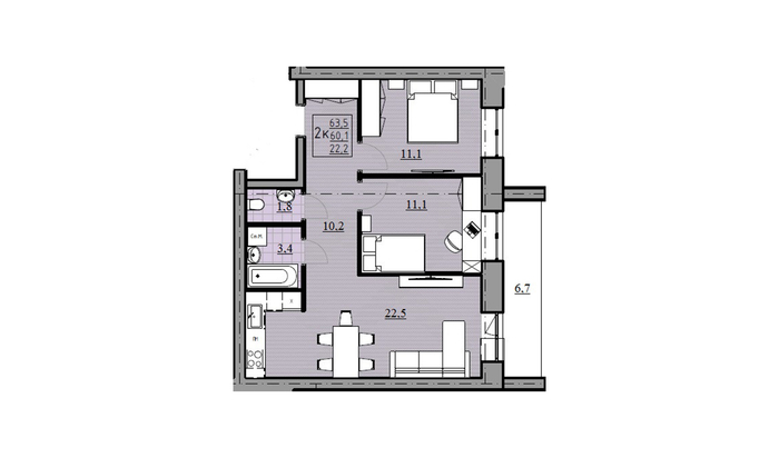 2 + квартира, 60,1 м² / Чистовая отделка