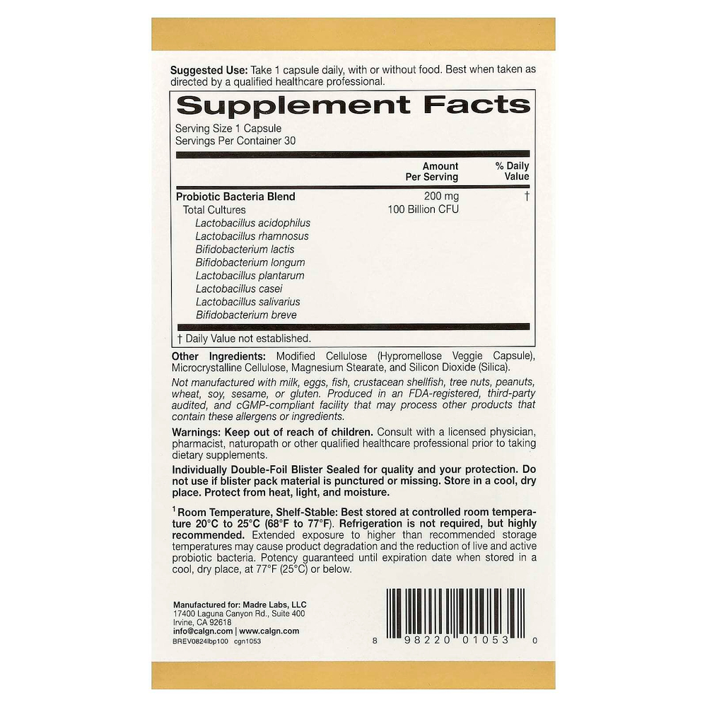 California Gold Nutrition, LactoBif® 100, пробиотики, 100 млрд КОЕ, 30 растительных капсул