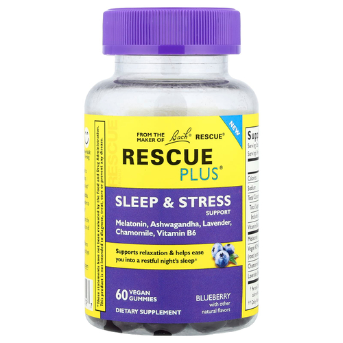 Bach, Rescue Plus®, жевательные таблетки для поддержки сна и стресса, со вкусом голубики, 60 веганских жевательных таблеток