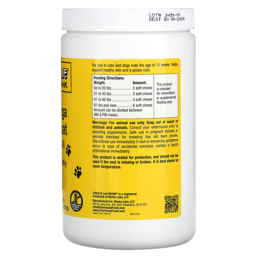 Charlie and Frank, Pet Omega, добавка для поддержки здоровья кожи и шерсти с омега-3, для кошек и собак, 180 жевательных таблеток, 513 г (18 унций)
