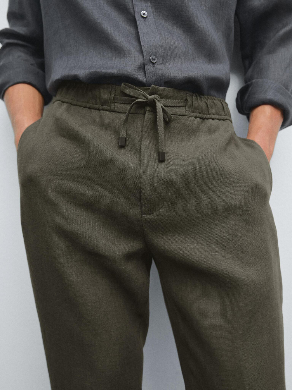 Massimo Dutti Брюки-джоггеры из 100% льна, темно-зеленый