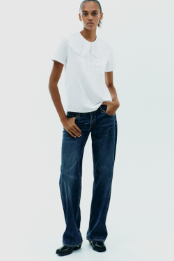 ZARA ФУТБОЛКА С КРУГЛЫМ ВЫШИТЫМ ВОРОТНИКОМ, БЕЛЫЙ