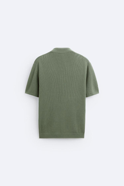 ZARA ПОЛО ИЗ ХЛОПКА И ЛЬНА, ЗЕЛЕНОВАТЫЙ