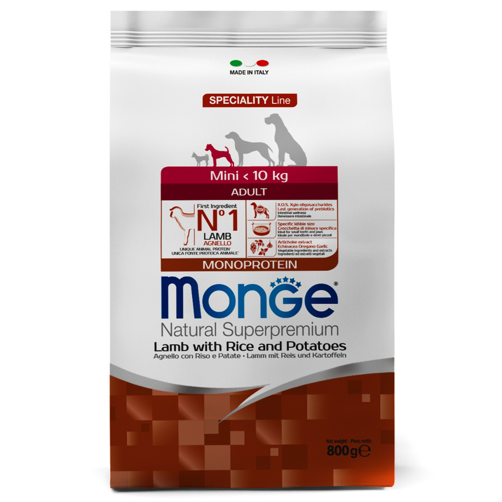 Monge dog корм сухой для взрослых собак, мелких пород ягненок рис картофель