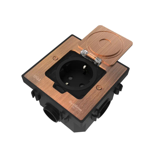 MultiDesk Лючок с розеткой 2К+З, 16А/250В, IP44 с монтажной коробкой для бетонных полов Медь, тип MD