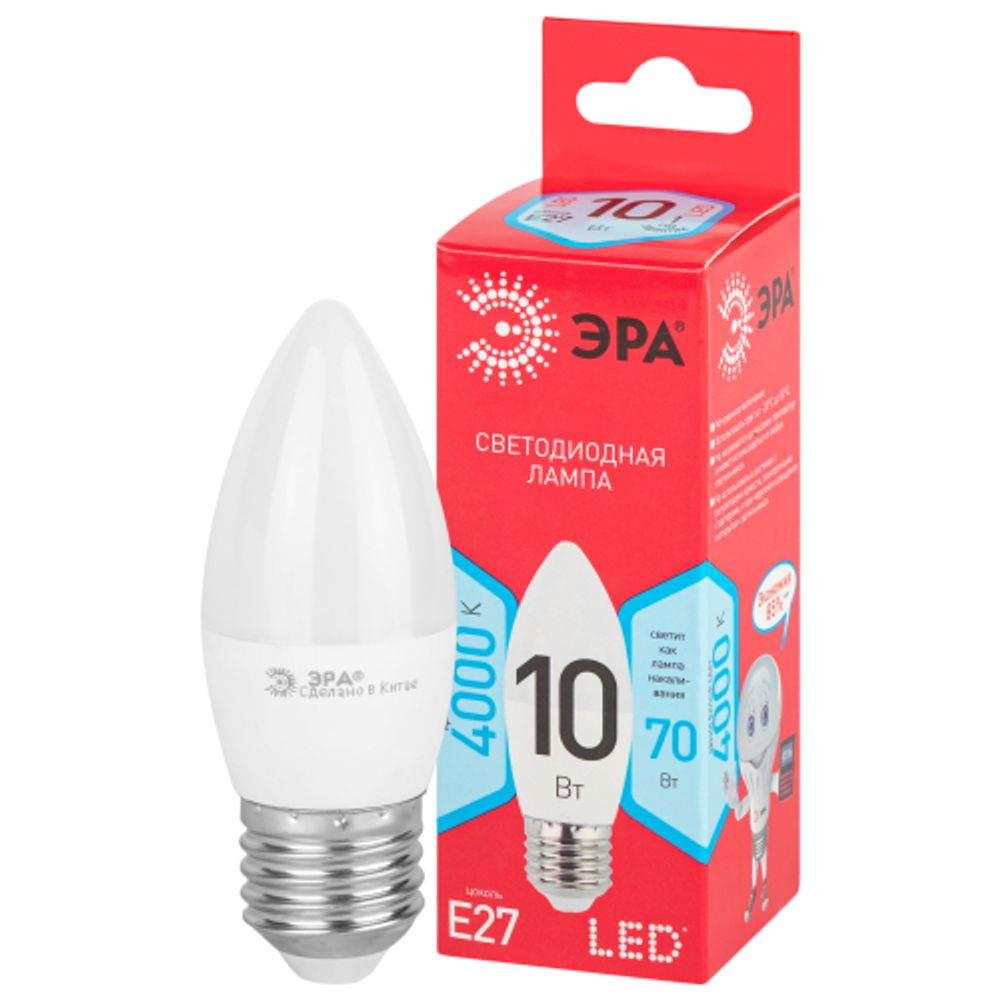 Лампа светодиодная ЭРА RED LINE LED B35-10W-840-E27 R 10Вт свеча нейтральный белый свет Е27 | Лампы cветодиодные Свеча (B/C)