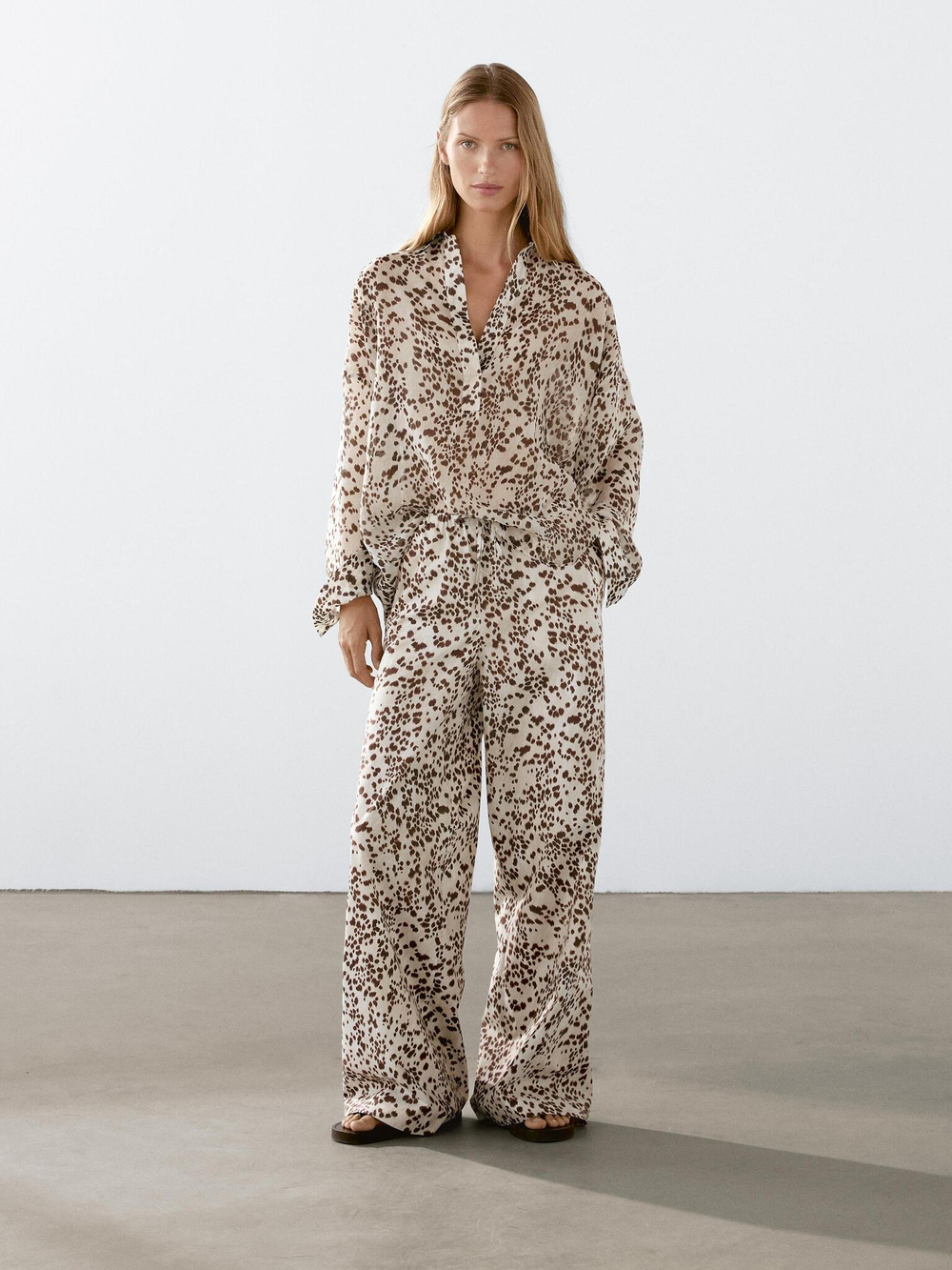 Massimo Dutti Брюки прямого кроя из 100% льна, белый/коричневый